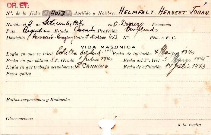 Ficha de miembro de Herbert Johan Helmfelt.