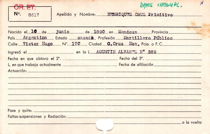 Ficha de miembro de Primitivo Henriquez Cruz.