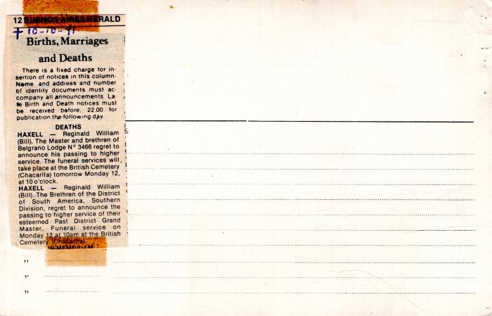Ficha de miembro de Reginald William Haxell.