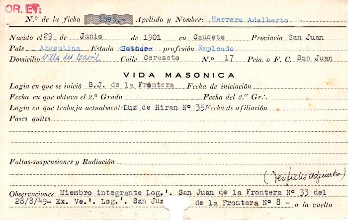 Ficha de miembro de Adalberto Segundino Herrera.