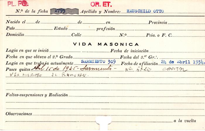Ficha de miembro de Otto Hauschild.