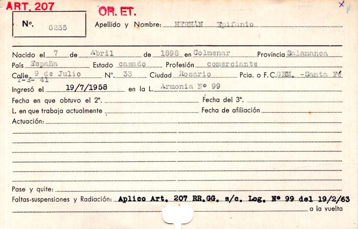 Ficha de miembro de Epifanio Hernan.