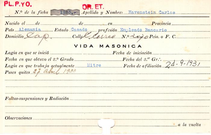 Ficha de miembro de Carlos Havenstein.