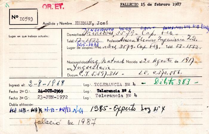 Ficha de miembro de José Herman.