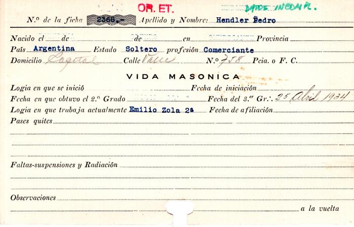 Ficha de miembro de Pedro Hendler.