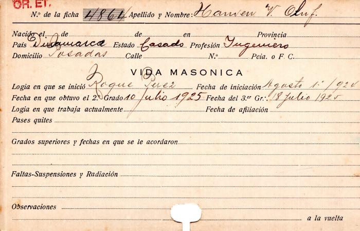 Ficha de miembro de Oluf V. Hanven.