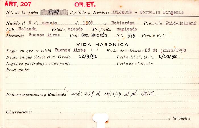 Ficha de miembro de Cornelio Dingenis Heijkoop.