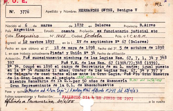 Ficha de miembro de Benigno V. Hernandez Gwyne.