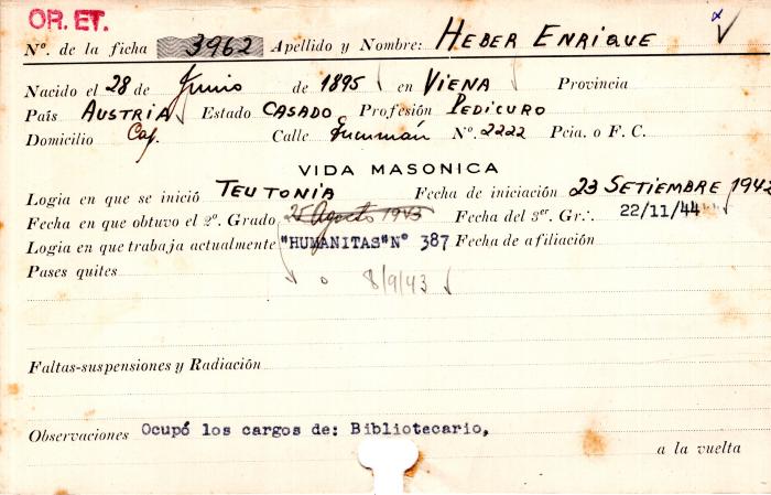Ficha de miembro de Enrique Heber.