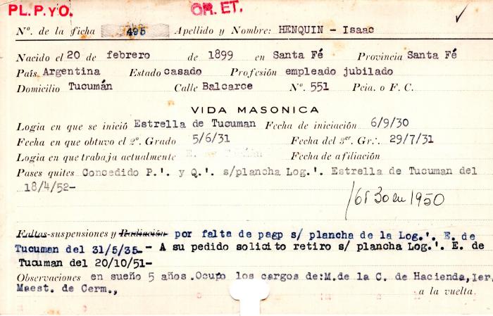 Ficha de miembro de Isaac Henquin.