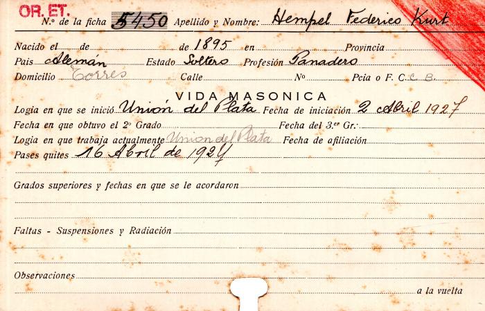 Ficha de miembro de Federico Kurt Hempel.