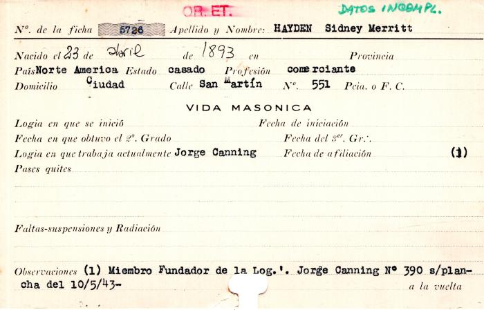 Ficha de miembro de Sidney Merritt Hayden.