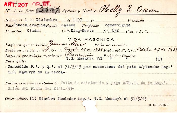 Ficha de miembro de Oscar Z. Helly.