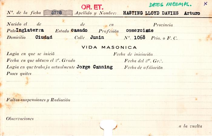 Ficha de miembro de Arturo Hasting Lloyd Davies.