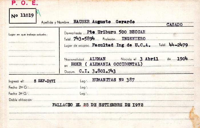 Ficha de miembro de Augusto Gerardo Hauser.