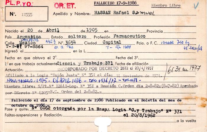 Ficha de miembro de Rafael Samuel Hassan.