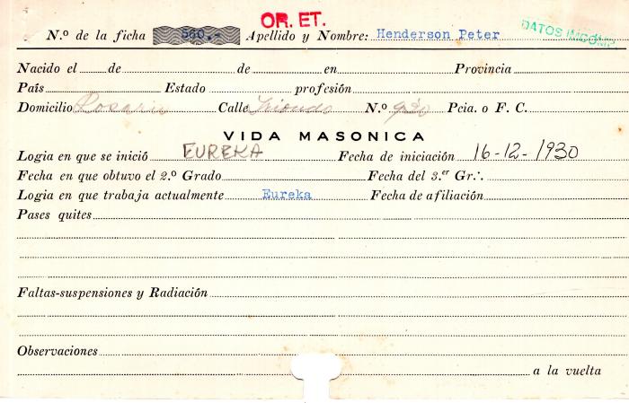 Ficha de miembro de Peter Henderson.