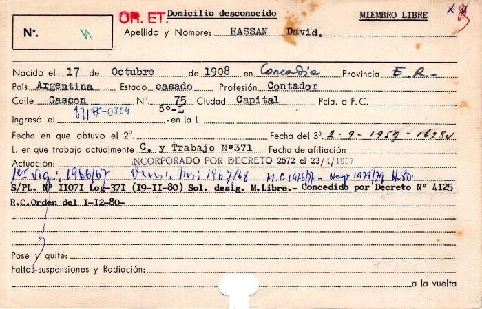 Ficha de miembro de David Hassan.
