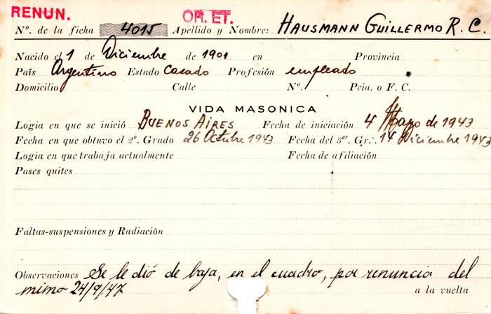 Ficha de miembro de Guillermo R. C. Hausmann.