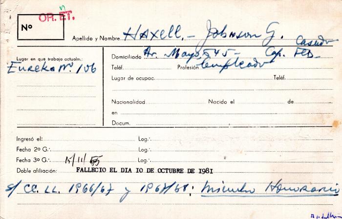 Ficha de miembro de Johnson G. Haxell.