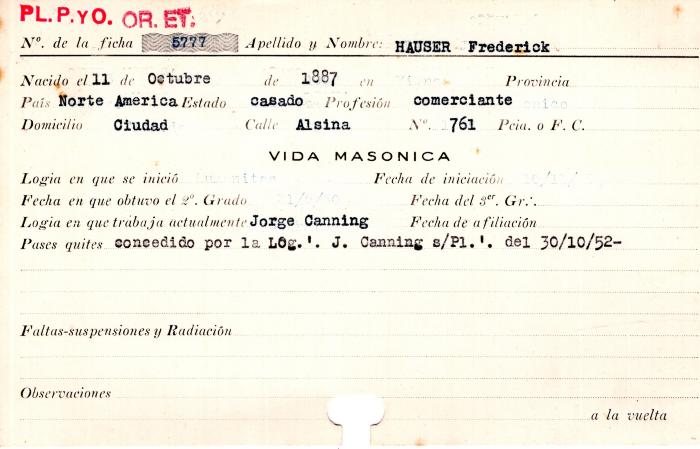 Ficha de miembro de Freferick Hauser.