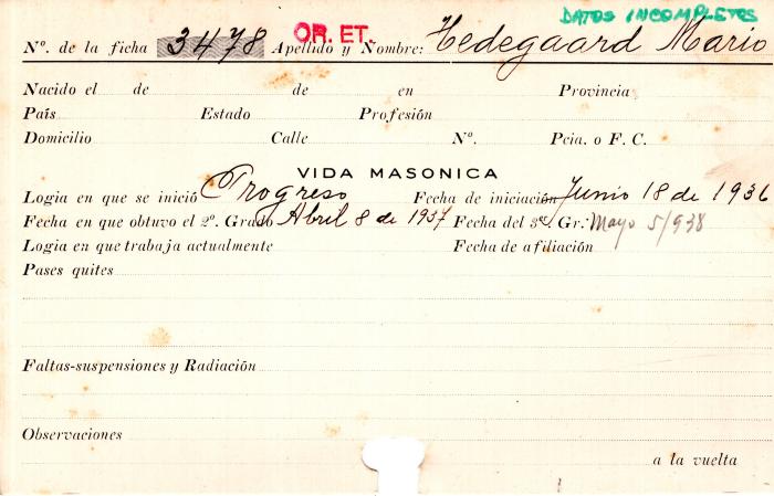 Ficha de miembro de Mario Hedegaard.