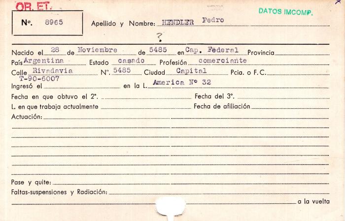 Ficha de miembro de Pedro Hendler. 
