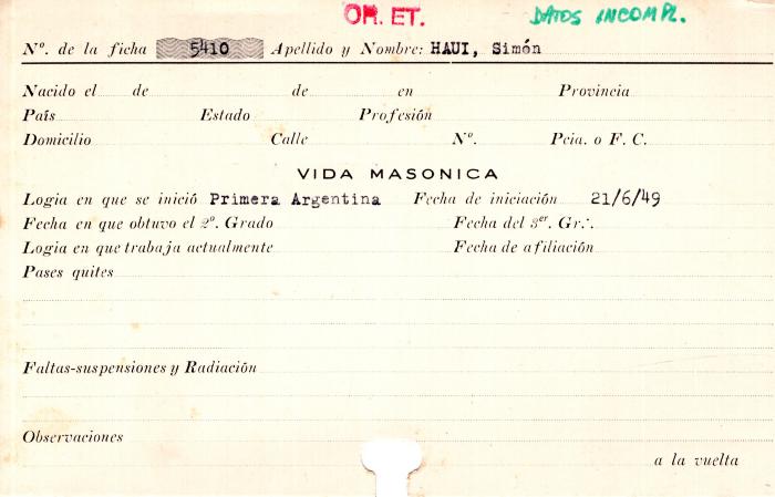 Ficha de miembro de Simón Haui.