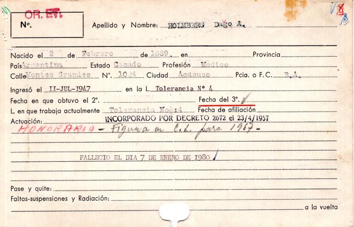 Ficha de miembro de Dago A. Holmberg.
