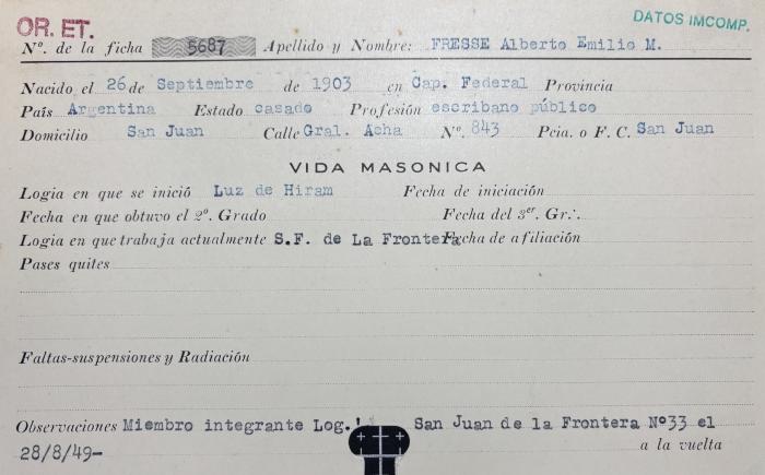 Ficha de miembro de Alberto Emilio M. Fresse.