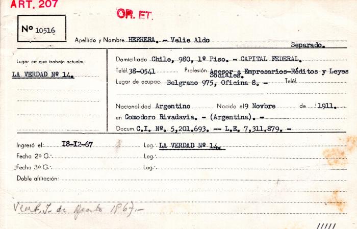 Ficha de miembro de Velie Aldo Herrera.