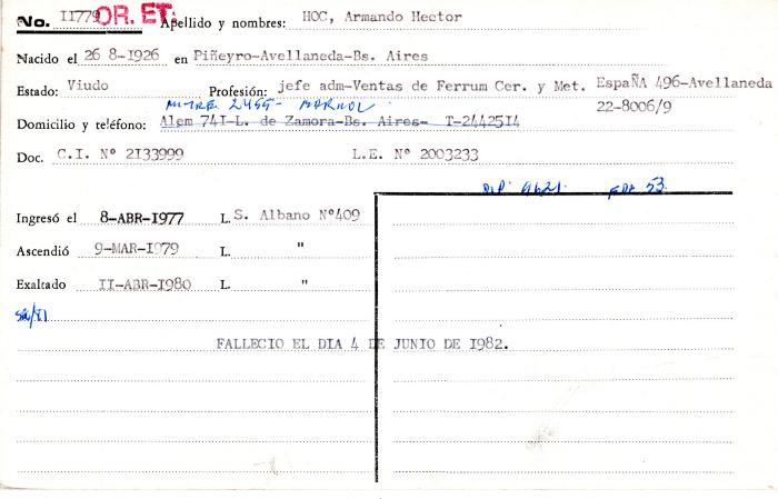 Ficha de miembro de Armando Héctor Hoc.
