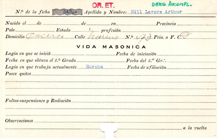 Ficha de miembro de Arthur Hill Lavers.