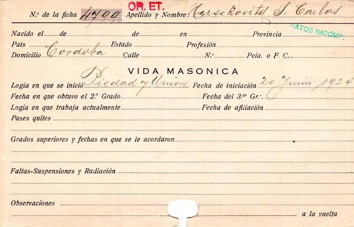 Ficha de miembro de Carlos S. Hersckovitil.