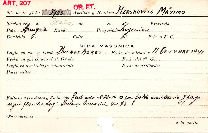 Ficha de miembro de Máximo Herskovits.