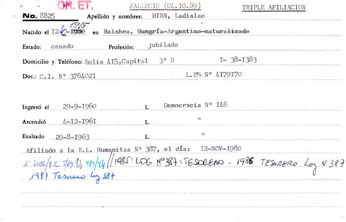 Ficha de miembro de Ladislao Hirn.