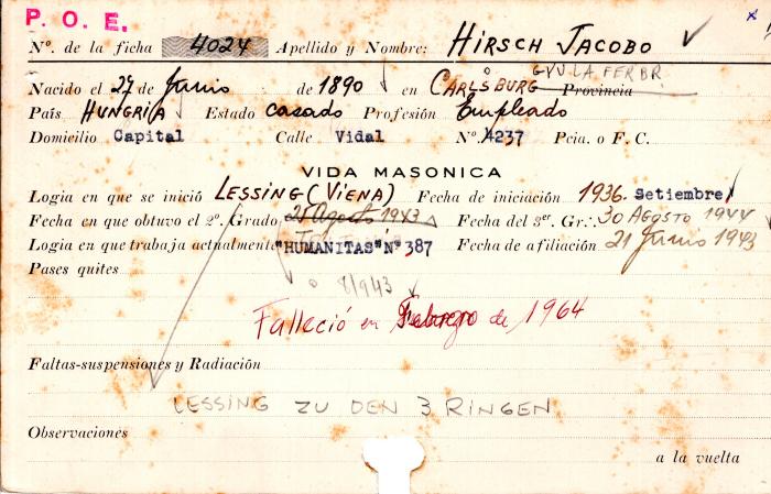 Ficha de miembro de Jacobo Hirsch.