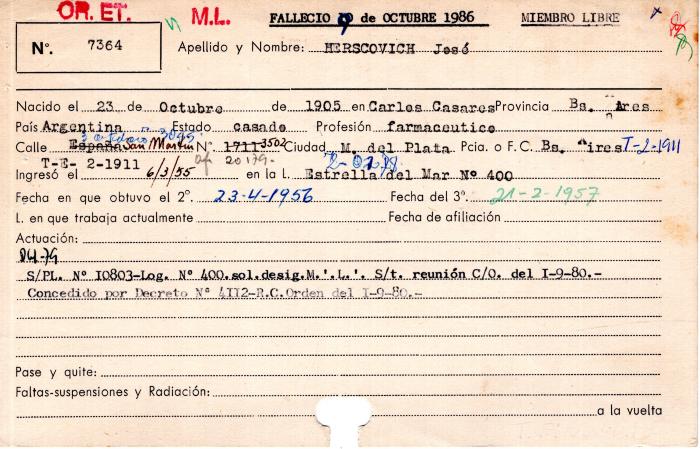 Ficha de miembro de José Herscovich.