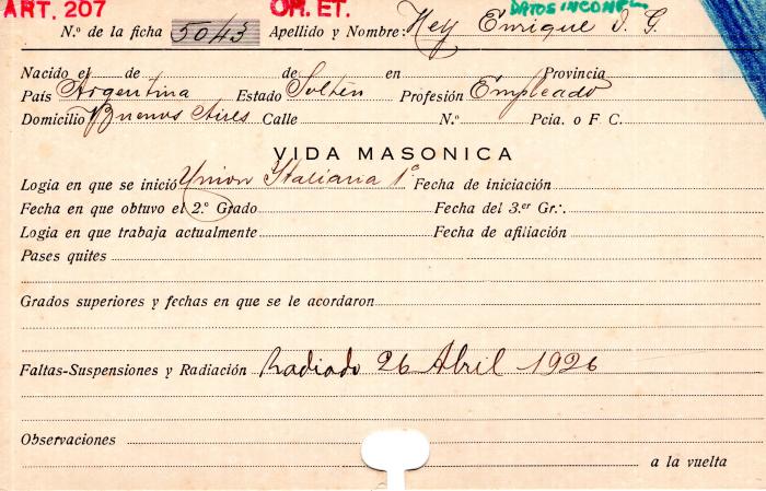 Ficha de miembro de Enrique D. G. Hey.