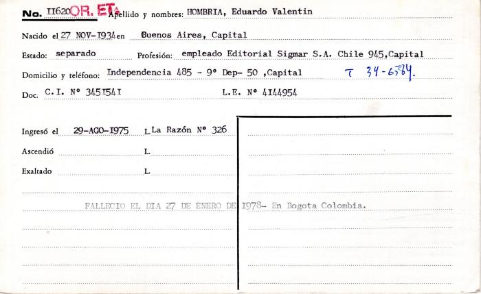 Ficha de miembro de Eduardo Valentín Hombria.