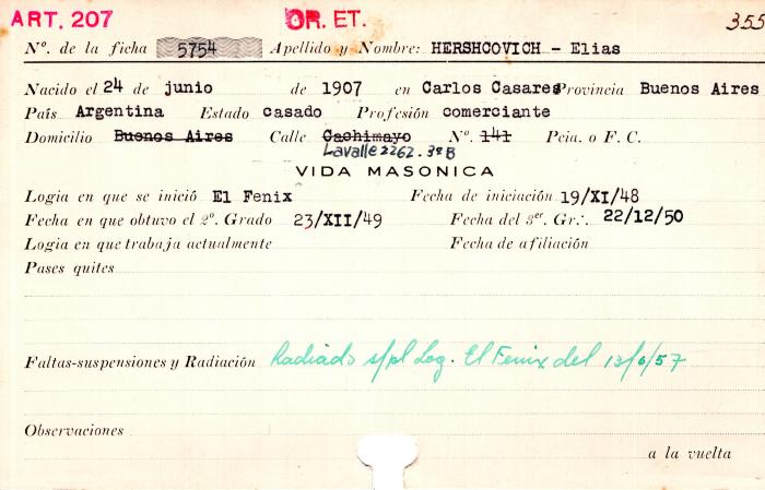 Ficha de miembro de Elías Herscovich.