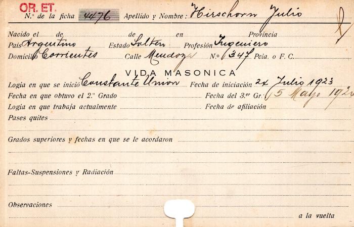 Ficha de miembro de Julio Hirschorn.