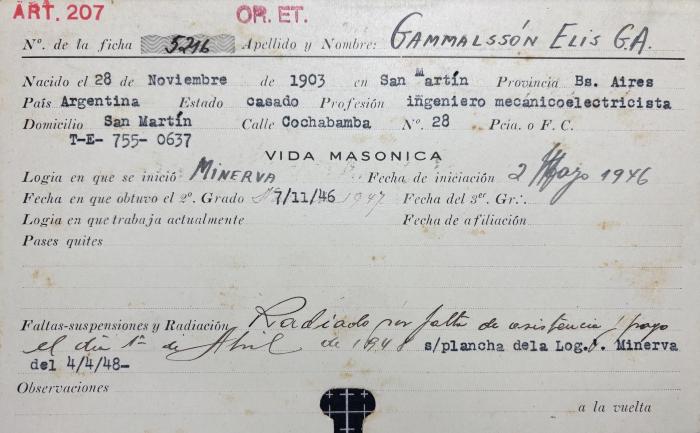 Ficha de miembro de Elis G. A. Gammalssón.