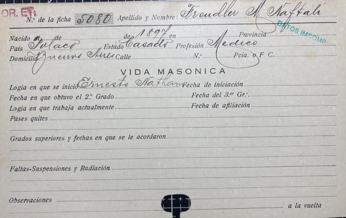 Ficha de miembro de Naftali M. Freudler.