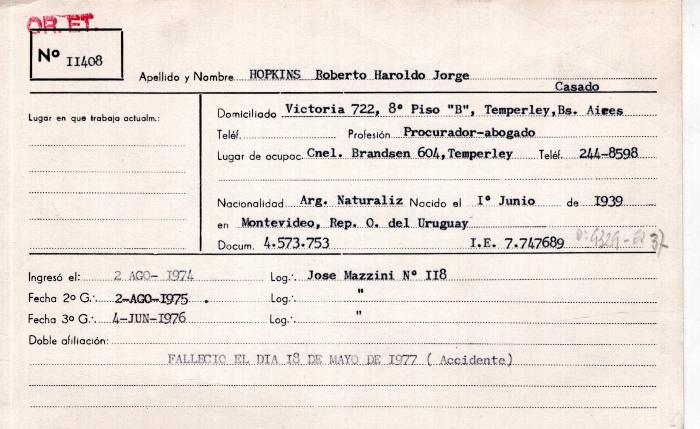 Ficha de miembro de Roberto Haroldo Jorge Hopkins.