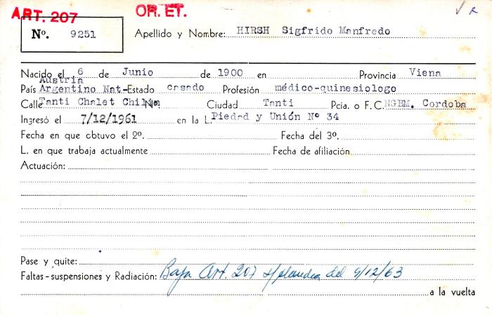 Ficha de miembro de Sigfrido Manfredo Hirsh.