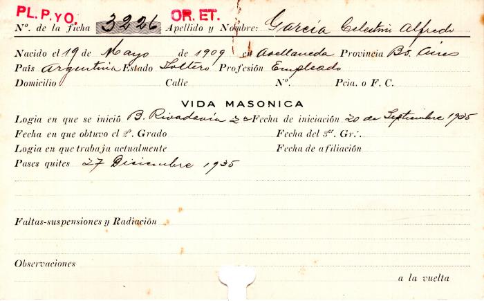 Ficha de miembro de Celestino Alfredo García.