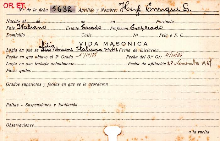 Ficha de miembro de Enrique G. Heyl. 