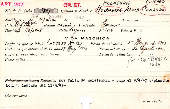 Ficha de miembro de Arvid Dourado Holmberg.