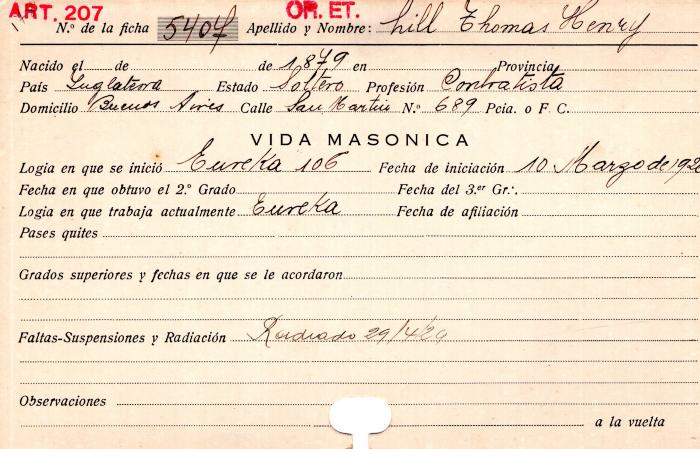 Ficha de miembro de Thomas Henry Hill.